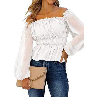 Puff-shoulder Ruffled Blouse