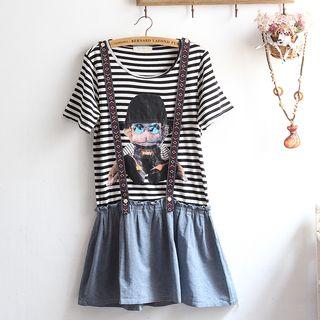 Striped Mock Two-piece Short-sleeve T-shirt Dress