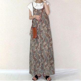 Paisley Print Maxi Overall Dress Brown - One Size