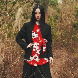 Mock Two-piece Print Blazer Red & White & Black - One Size