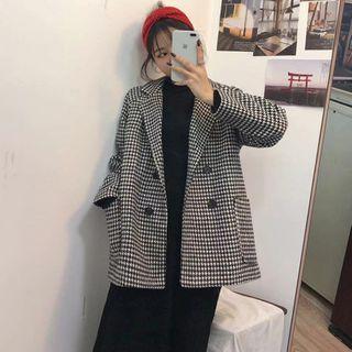 Long-sleeve Houndstooth Woolen Blazer Black & White - One Size
