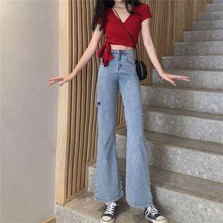 High-waist Distressed Wide-leg Jeans / Plain Short-sleeve T-shirt