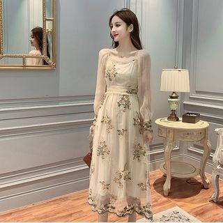 Flower Embroidered Long-sleeve A-line Mesh Dress