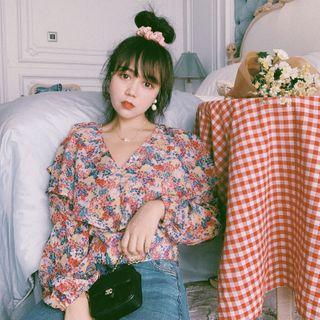 Floral Print Ruffled Cropped Chiffon Blouse