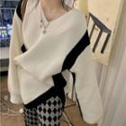 V-neck Two-tone Slit Sweater
