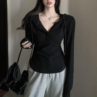 Long-sleeve Plain Hooded T-shirt