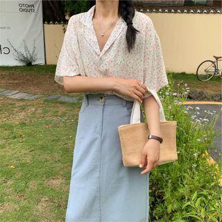 V-neck Floral Button-up Oversize Blouse As Shown In Figure - One Size