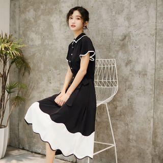 Contrast Trim Short-sleeve Midi Collared Dress