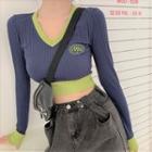 Long-sleeve V-neck Knit Crop Top As Shown In Figure - One Size