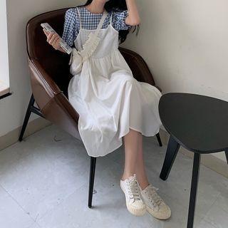Set: Gingham Puff-sleeve Top + Midi A-line Pinafore Dress