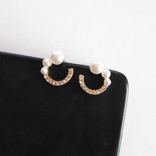 Faux-pearl C-shaped Stud Earring 1 Pair - S925 Silver Earring - White Faux Pearl - Gold - One Size