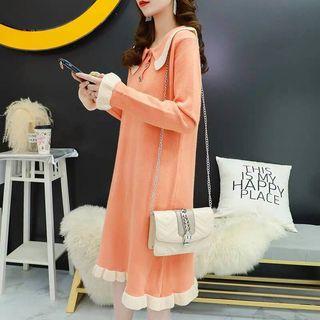 Contrast Trim Collared Long-sleeve Midi Knit Dress