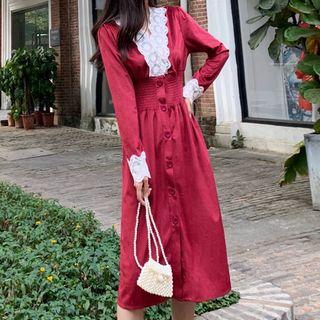 Long-sleeve Lace-cuff Midi A-line Dress