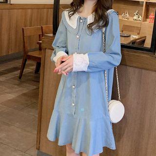 Long-sleeve Button Mini A-line Denim Dress Light Blue - One Size