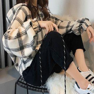 Set: Plaid Lantern-sleeve Hoodie + Cropped Harem Pants