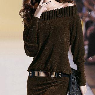 Plain Off Shoulder Long Sleeve Dress With Belt