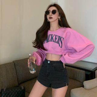 Lettering Print Cropped Sweatshirt / Denim Hot Pants