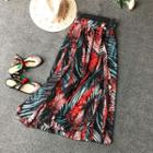 Leaf Print Slit-hem Maxi Skirt