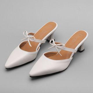 Pointy-toe Bow Strap Chunky Heel Mules