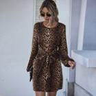 Long Sleeve Round Neck Lace-up Leopard Print A-line Dress