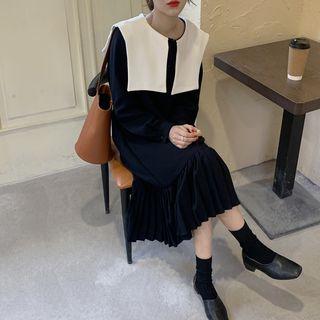 Long-sleeve Peter Pan Collar Pleated Dress