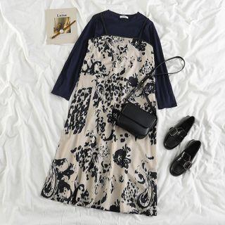 Long-sleeve T-shirt / Spaghetti Strap Print Midi A-line Dress