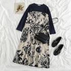 Long-sleeve T-shirt / Spaghetti Strap Print Midi A-line Dress