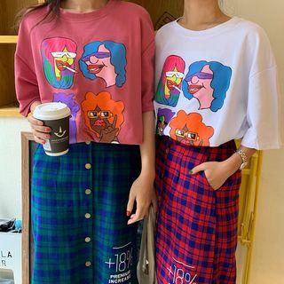 Elbow-sleeve Cartoon Printed T-shirt / Plaid Buttoned Midi Skirt