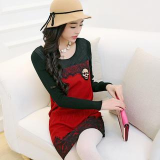 Lace-panel Gathered-waist Dress