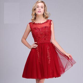 Embroidered Mesh Cocktail Dress