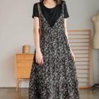 Set: Short-sleeve T-shirt + Floral Print Midi A-line Overall Dress Floral - Black - One Size