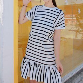 Ruffle Hem Striped Short-sleeve Knit Dress