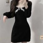 Puff-sleeve Lace Trim Mini Sheath Dress Black - One Size