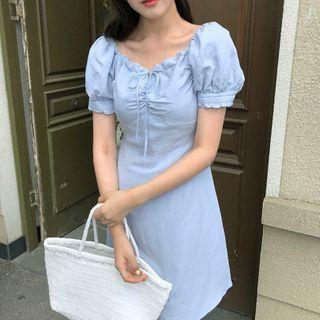 Balloon-sleeve Ruffled A-line Dress Blue - One Size