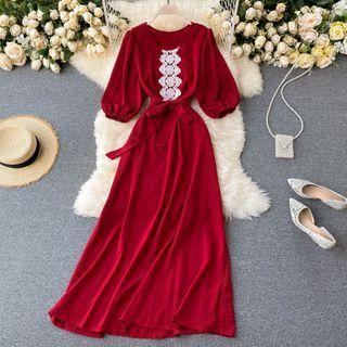 Elbow-sleeve Lace Bow Belt Dress