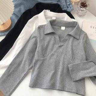 Lapel Plain Long-sleeve Cropped T-shirt