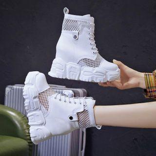 Faux Leather Mesh Panel Platform Wedge Short Boots