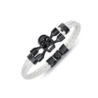 Fashion Personality Plated Black Skull Cubic Zirconia Double-layer White Leather Bracelet Black - One Size