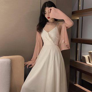 Spaghetti-strap A-line Midi Dress / Plain Cardigan