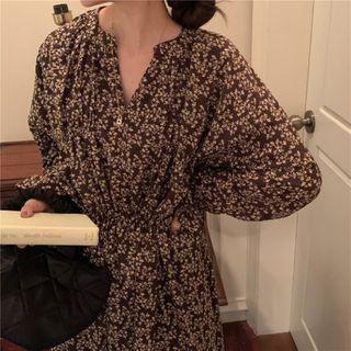 Bell-sleeve Floral Print Midi A-line Dress Black - One Size