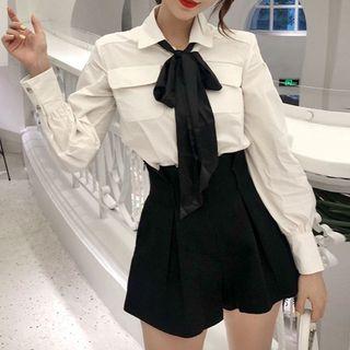 Long-sleeve Blouse With Bow Tie / Wide Leg Shorts
