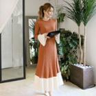 Bell-sleeve Gathered-waist Plain Sheath Dress