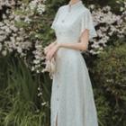Mock-neck Plain Lace Button-up A-line Dress