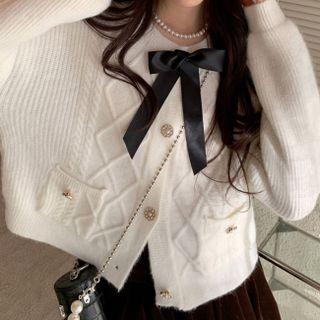 Bow Cardigan / A-line Mini Velvet Skirt