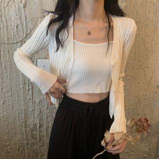 Set : Knit Suspender + Long-sleeve Knit Cropped Cardigan