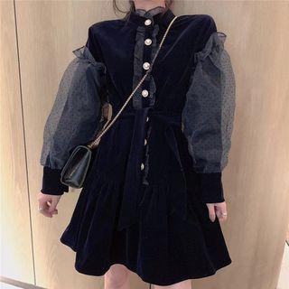 Puff-sleeve Mesh Panel Tie-waist Velvet Dress Navy Blue - One Size