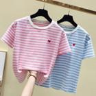Short-sleeve Heart Embroidery Striped T-shirt