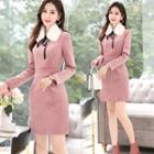 Furry Collar Long-sleeve Quilted Sheath Dress