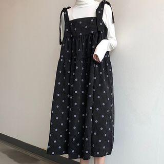 Midi Dotted Corduroy Jumper Dress / Long-sleeve Plain Top