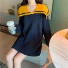 Sailor-collar Colorblock Sweater Mini Dress Navy Blue - One Size